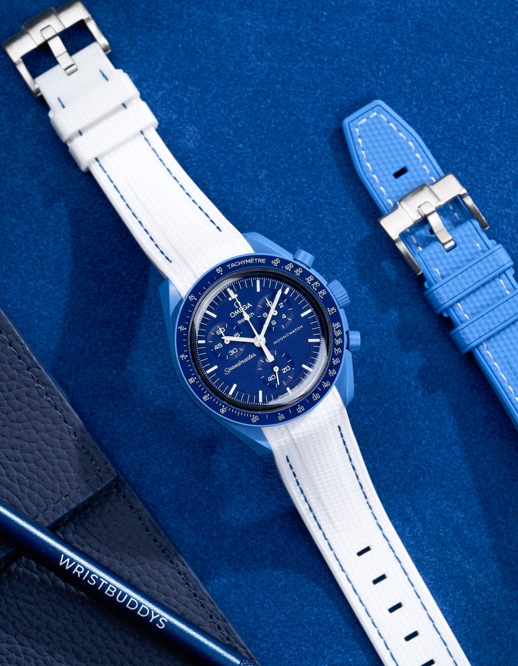 Curved Vertech Rubber Strap - White & Blue Stitches - OM Luxury