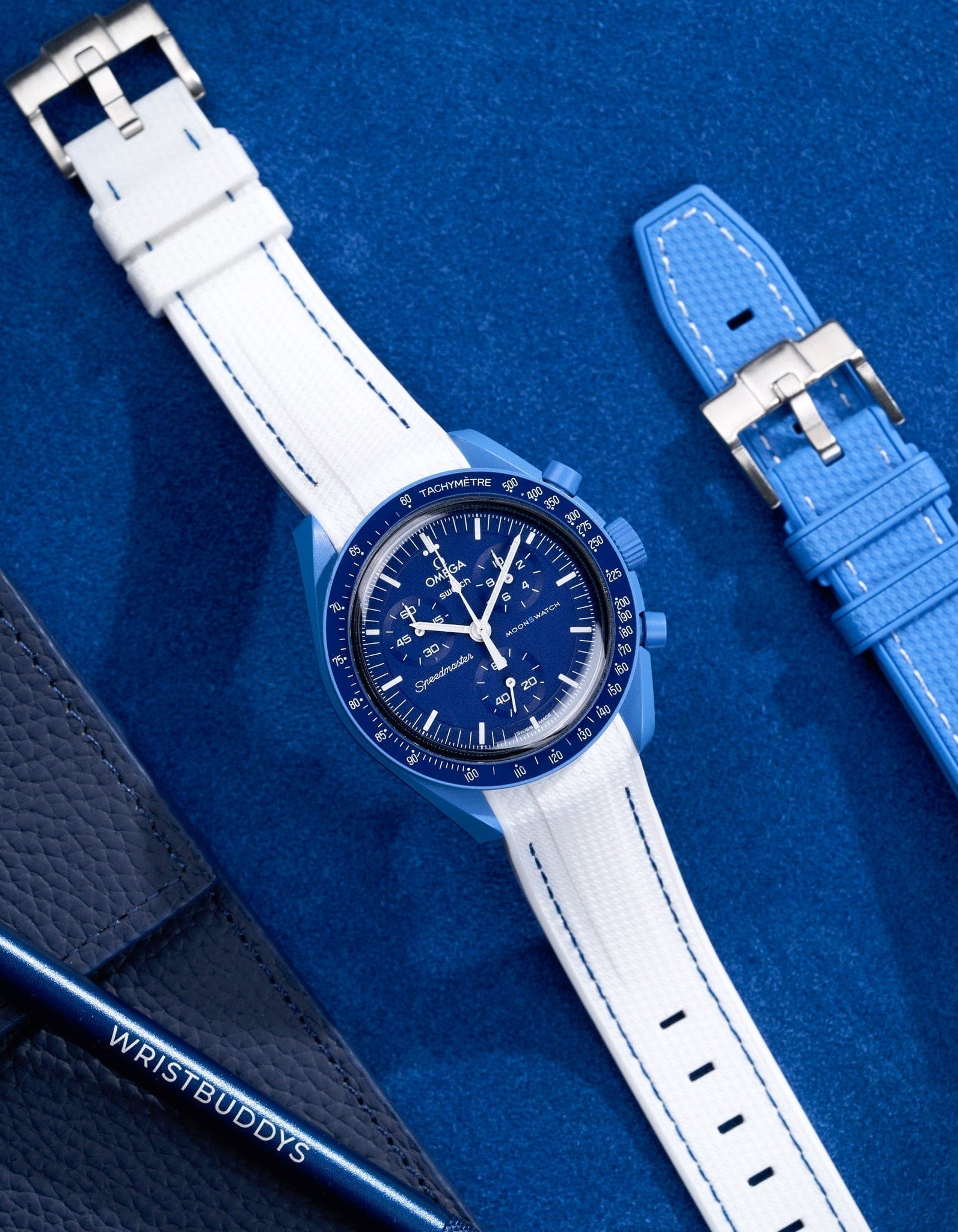 Curved Vertech Rubber Strap - White & Blue Stitches - OM Luxury
